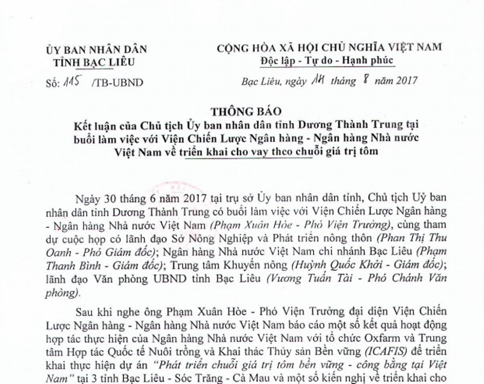 Chính trị - Xã hội - Bạc Liêu: Đảm bảo người dân có lãi khi vay phát triển chuỗi giá trị tôm